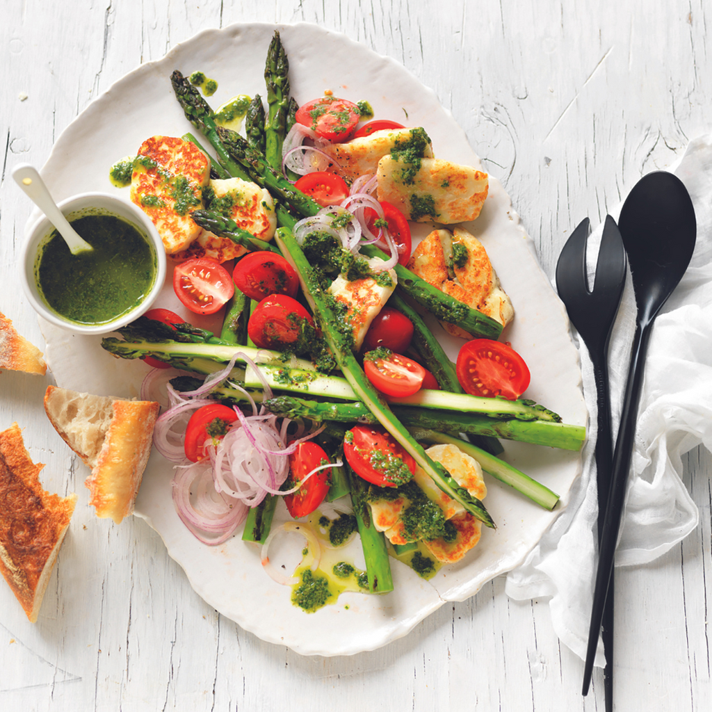 ASPARAGUS, TOMATO, HALMOUI SALAD WITH HERB DRESSING