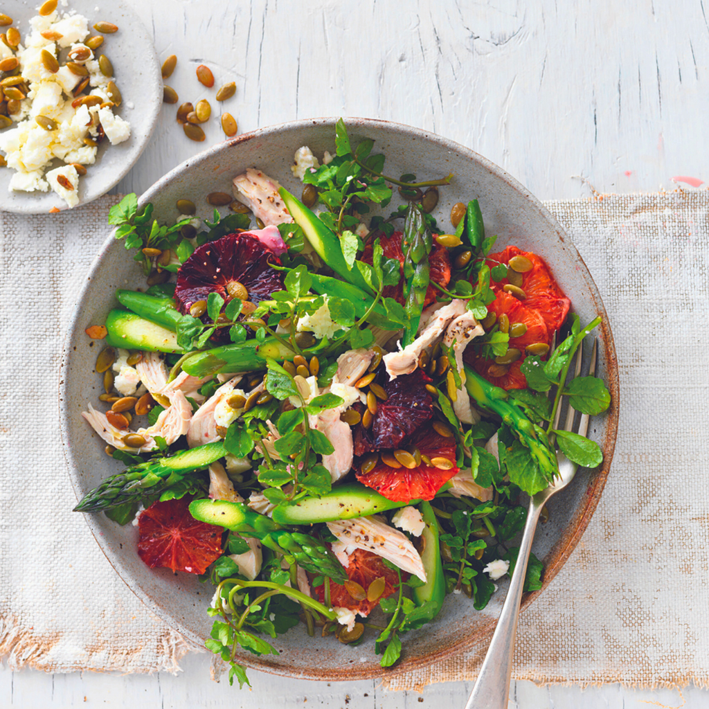 ASPARAGUS, WATERCRESS, BLOOD ORANGE & CHICKEN SALAD