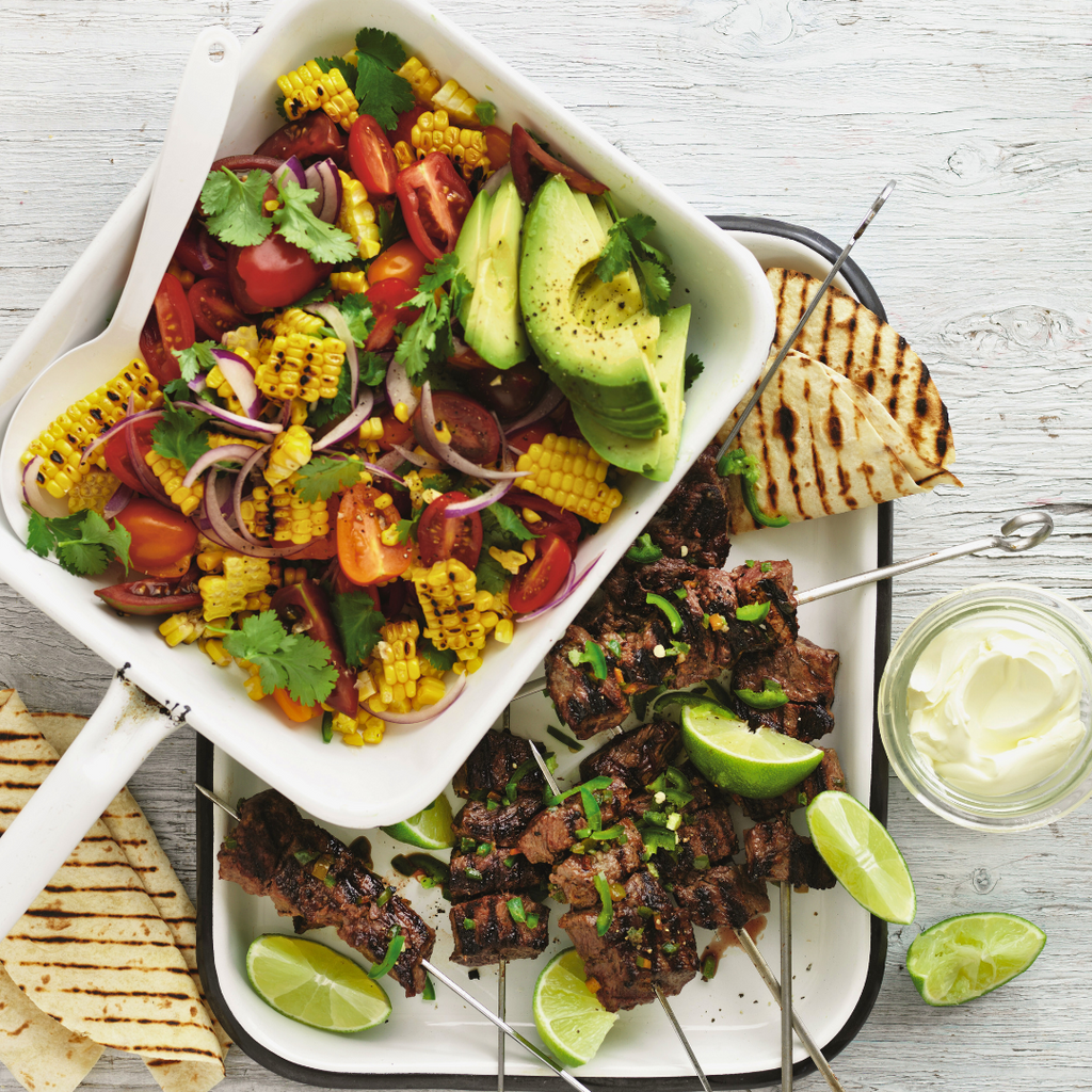 MEX-TEX CORN SALAD WITH SPICY BBQ BEEF SKEWERS